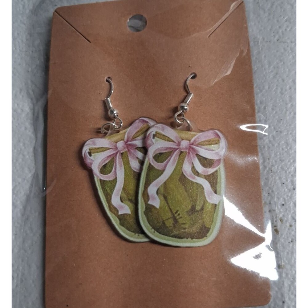 Handmade Pickles With Pink Bow Dangle Earrings